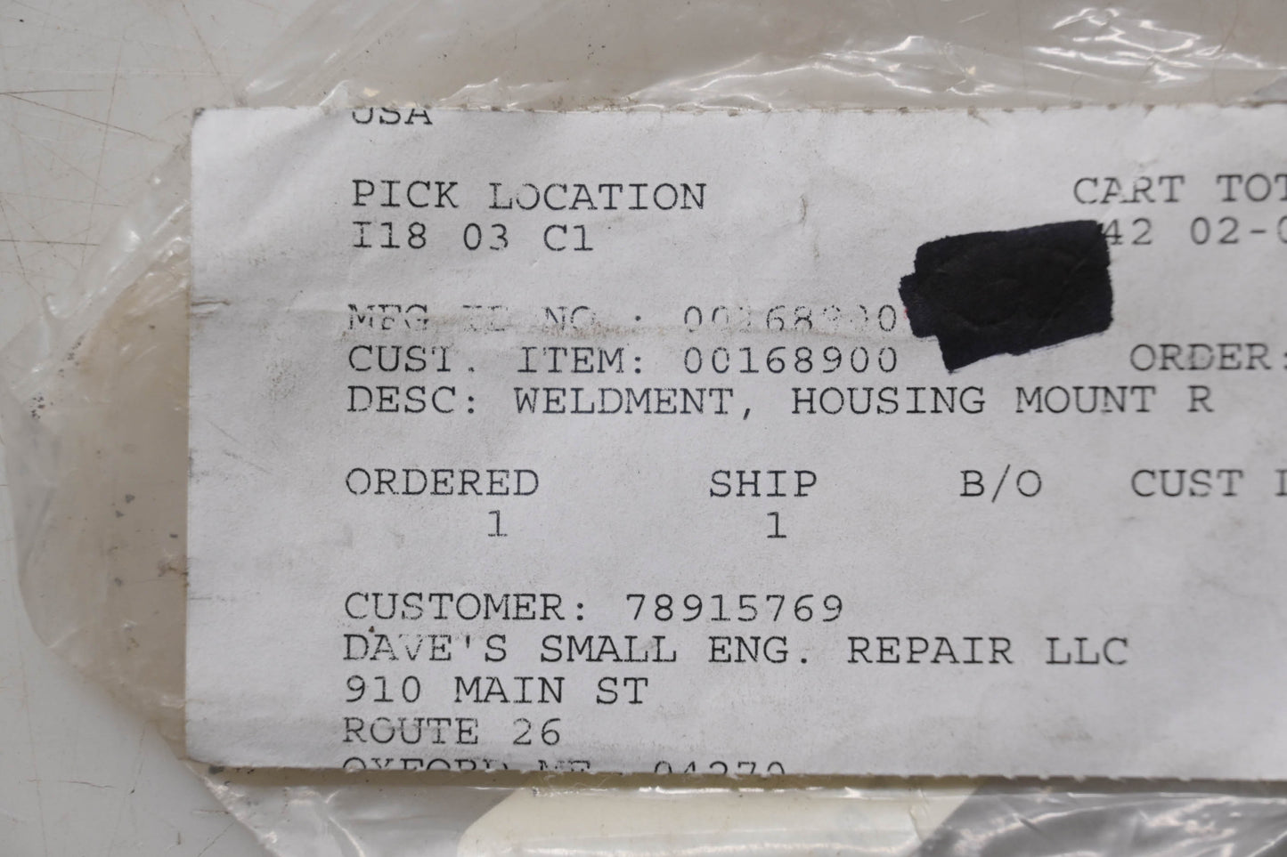 Ariens 00168900 Housing Mount RH Weldment NOS