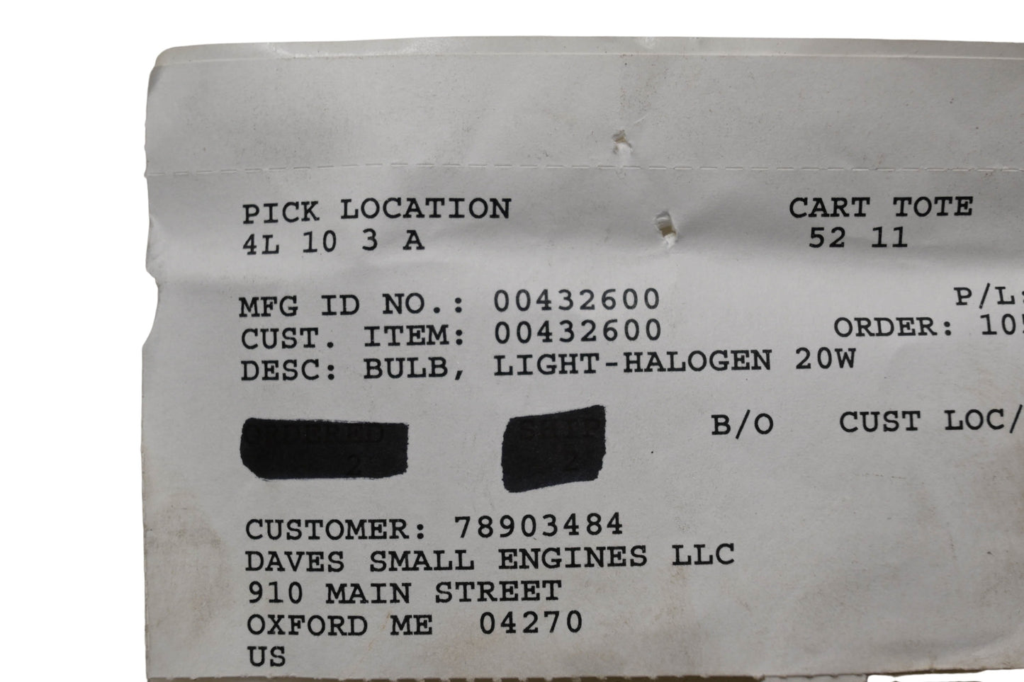 Ariens 00432600, BKP070002 Socket Halogen Light Bulb NOS