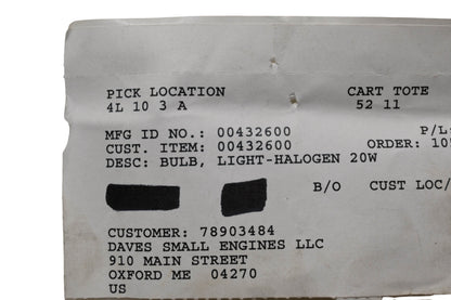 Ariens 00432600, BKP070002 Socket Halogen Light Bulb NOS