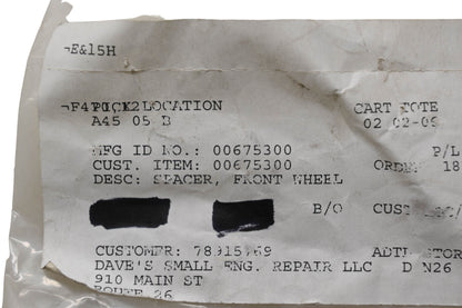 Ariens 00675300 Front Wheel Spacer NOS