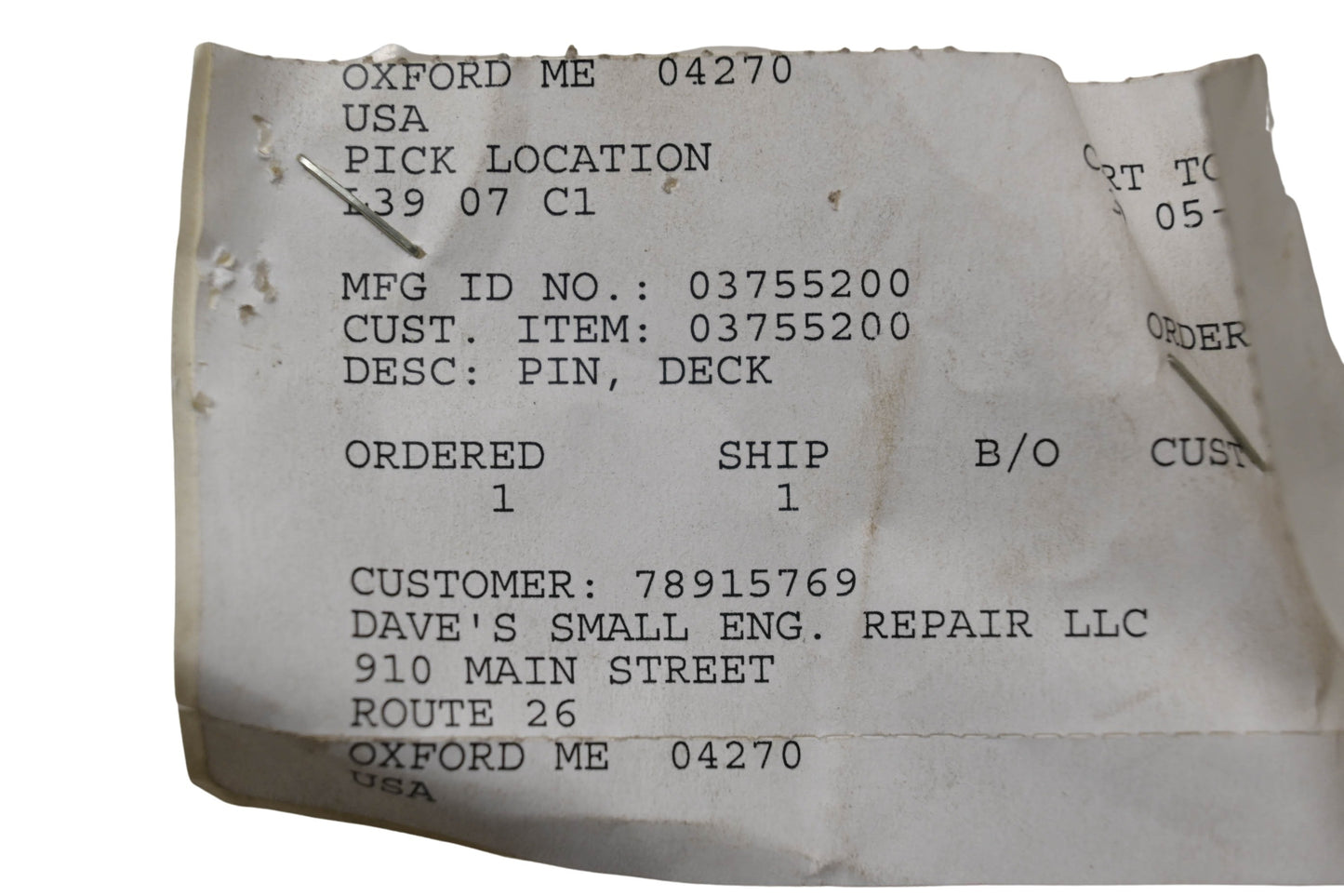 Ariens 03755200 Deck Pin NOS