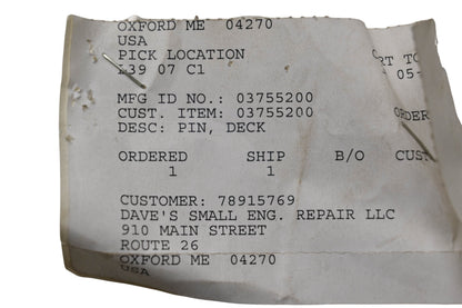 Ariens 03755200 Deck Pin NOS