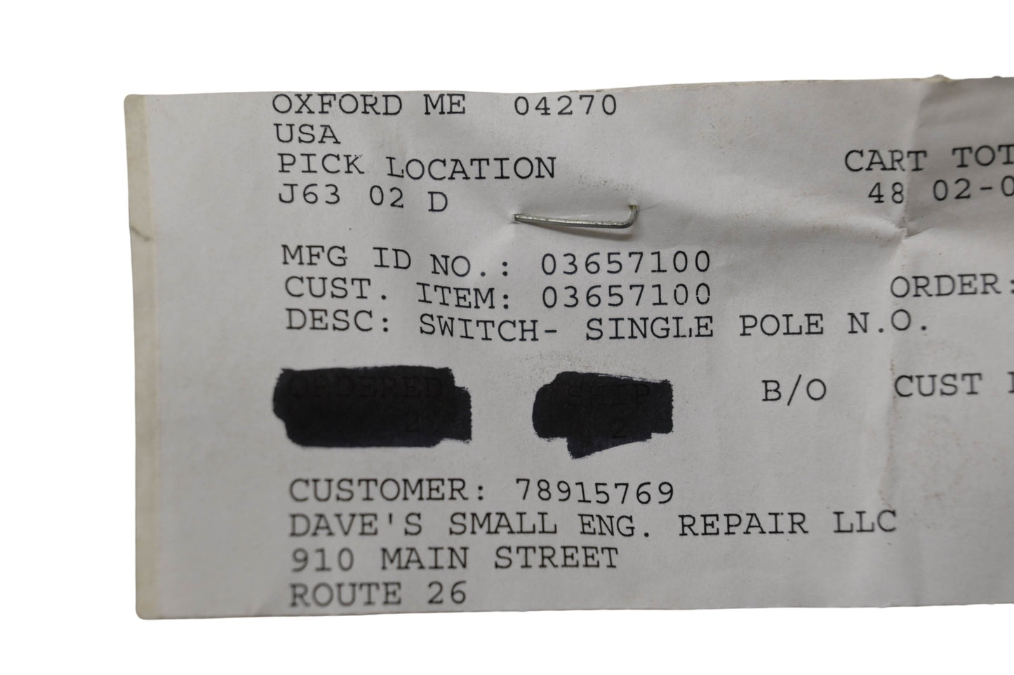 Ariens 03657100 Single Pole Switch NOS