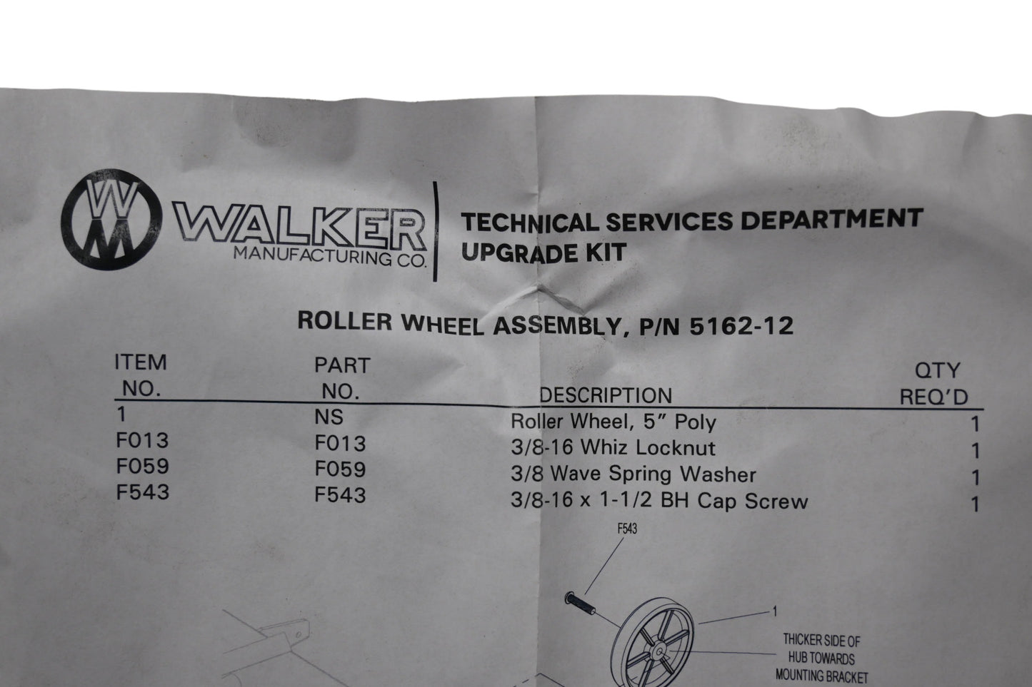 Walker 5162-12 Mower Deck Roller Wheel Kit NOS