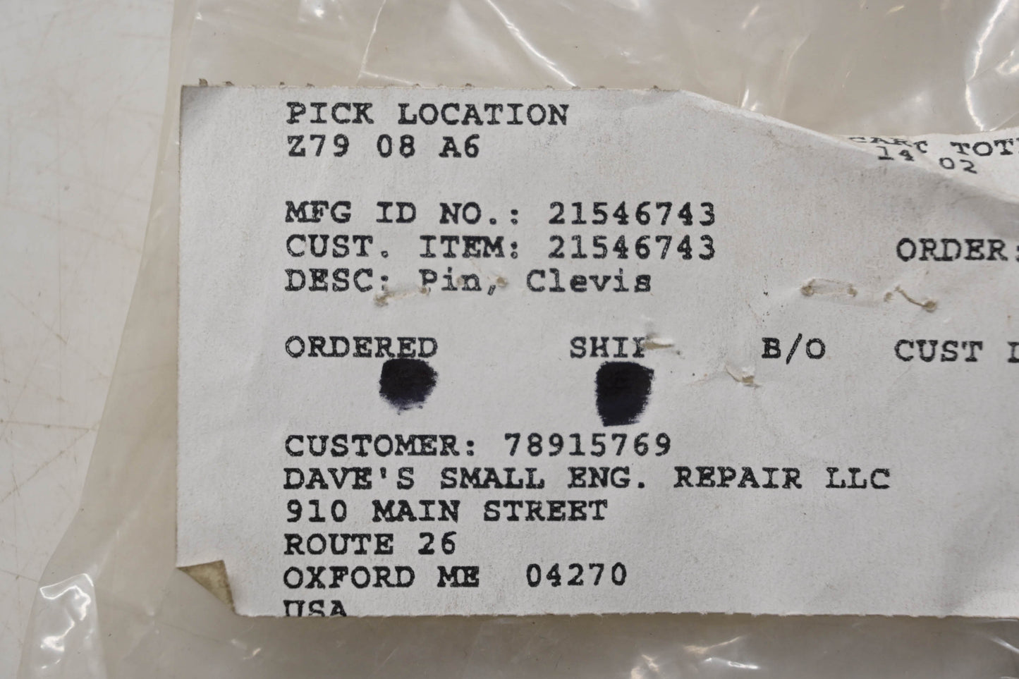 Ariens 21546743 Clevis Pin NOS