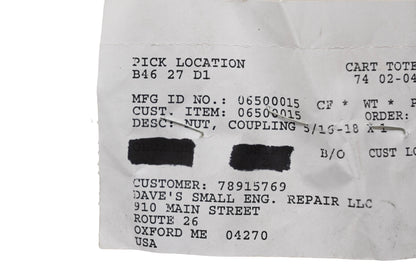 Ariens 06500015, 6500927 Coupling Nut NOS