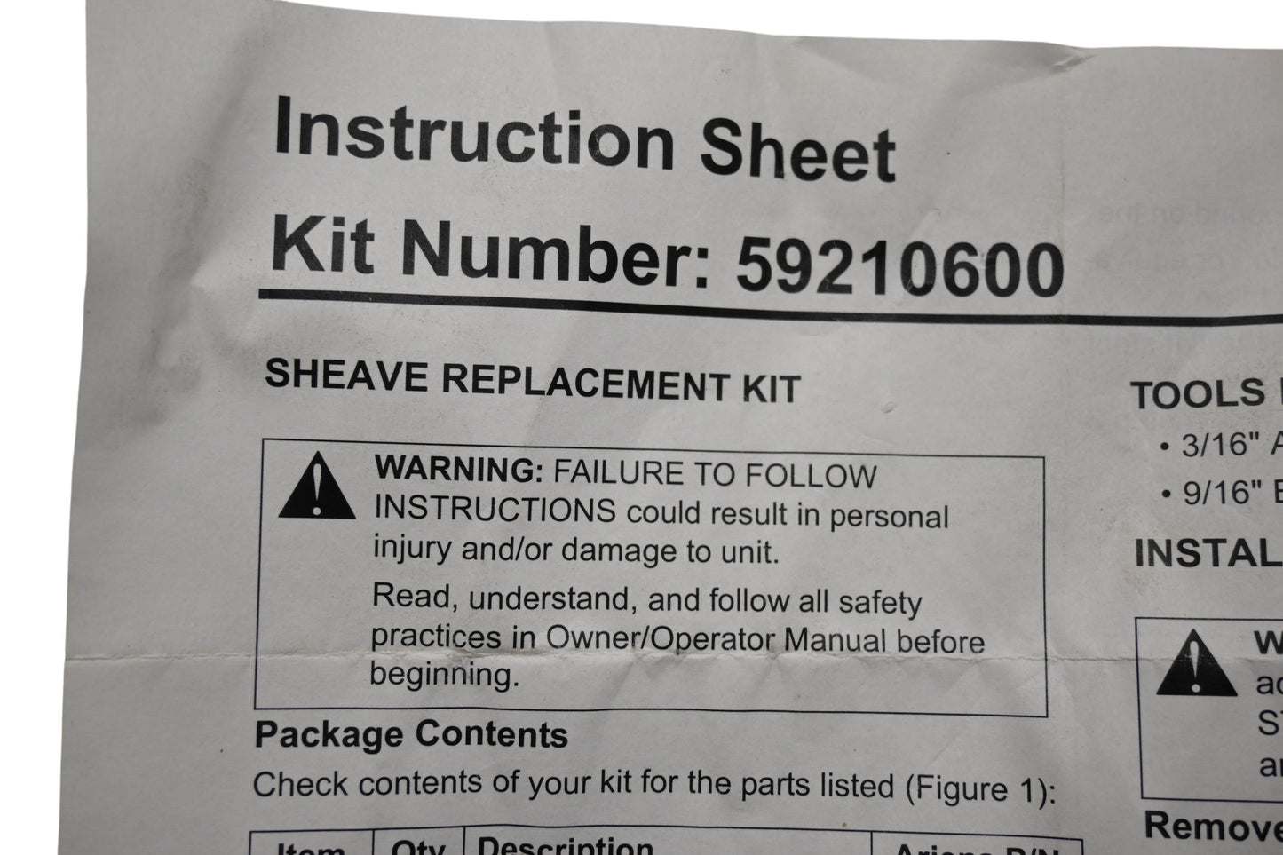 Ariens 59210600 Sheave Replacement Kit NOS