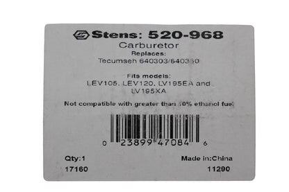 Stens 520-968, 640303, 640350 Carburetor & Gasket NOS