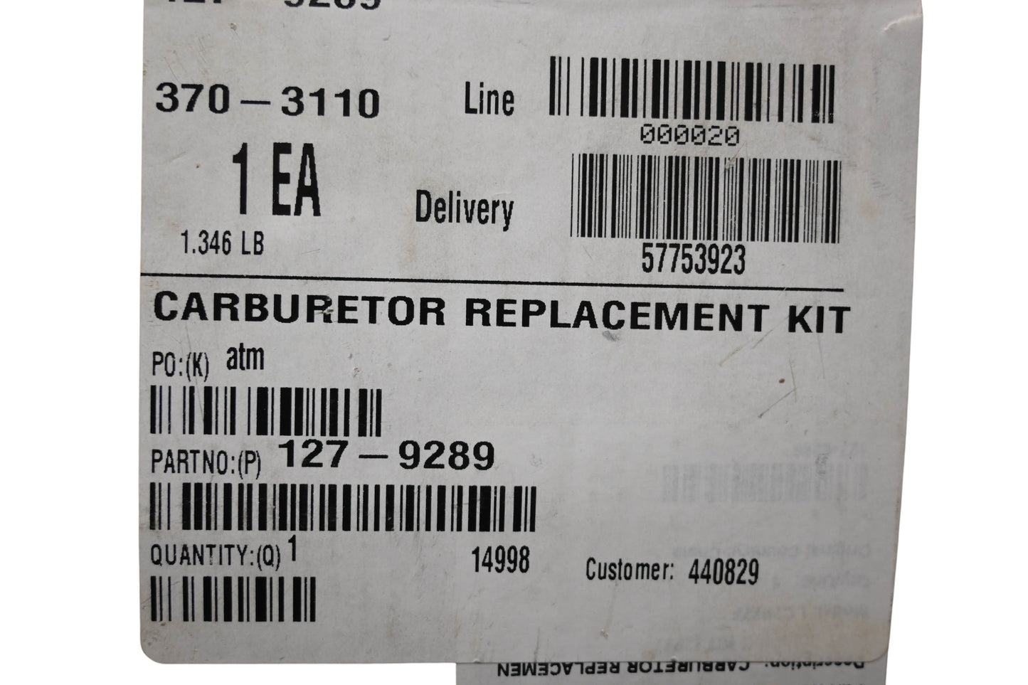 Toro 127-9289 Carburetor Replacement Kit NOS