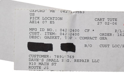 Ariens 04282400 Top Compact Gearcase Gasket NOS