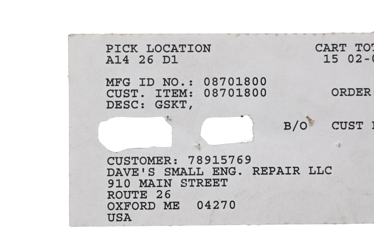 Ariens 08701800 Gasket NOS