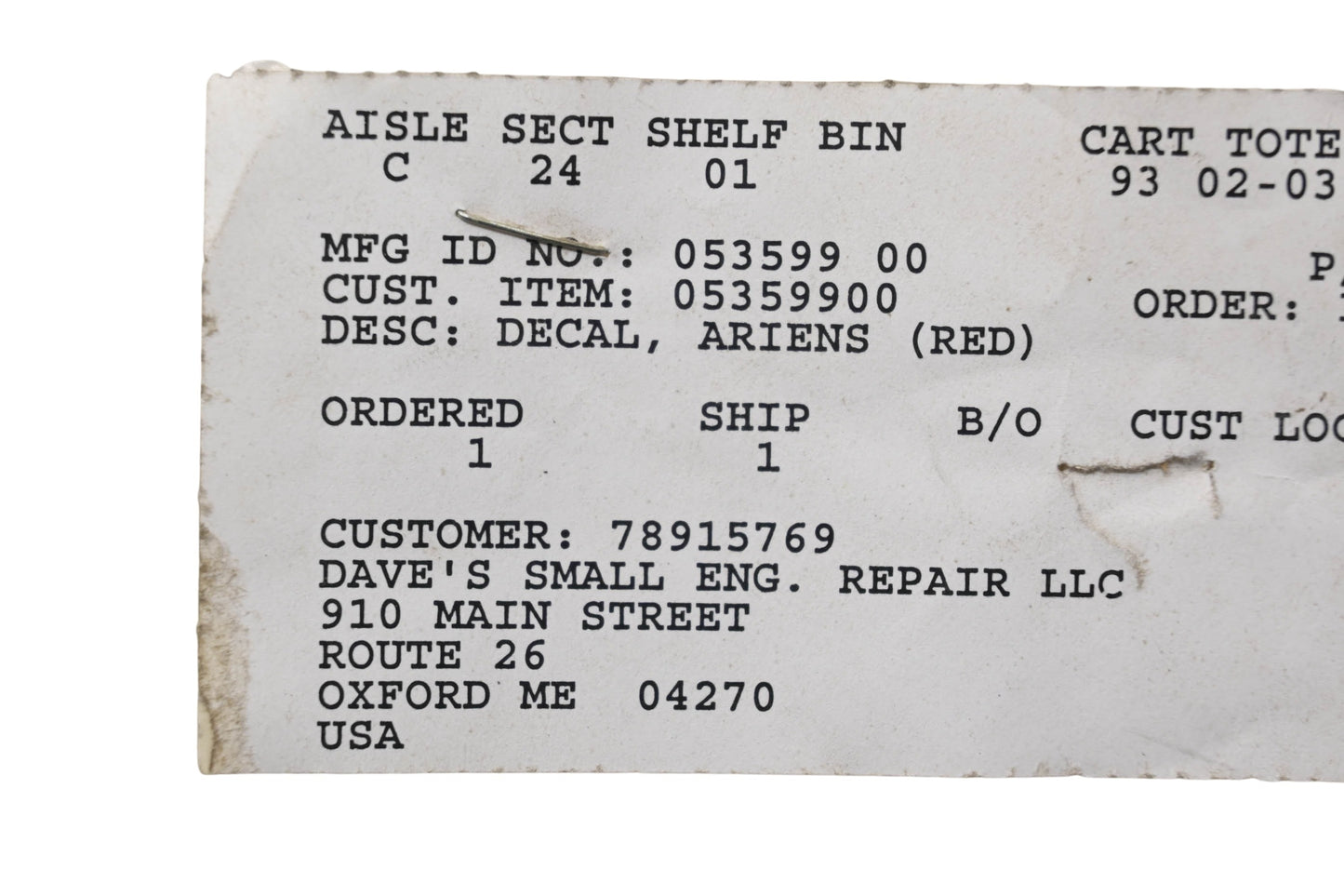 Ariens 05359900 Ariens Decal NOS