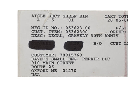 Ariens 05362300 Gravely 90th Anniversary Decal NOS