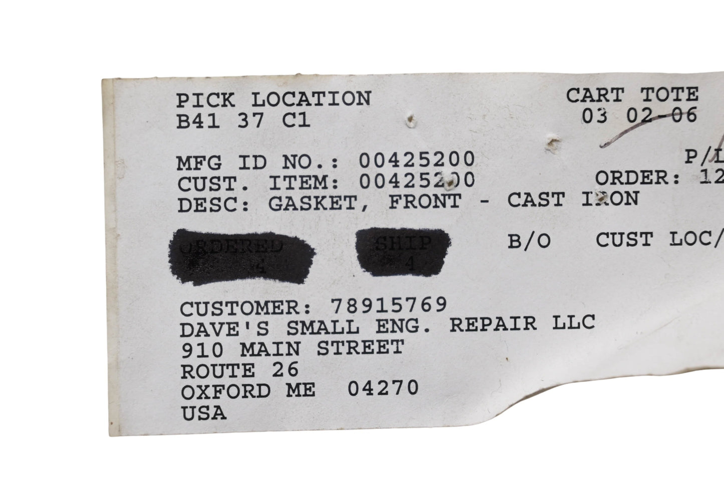 Ariens 00425200 Front Cast Iron Gasket NOS