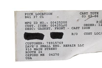 Ariens 00425200 Front Cast Iron Gasket NOS
