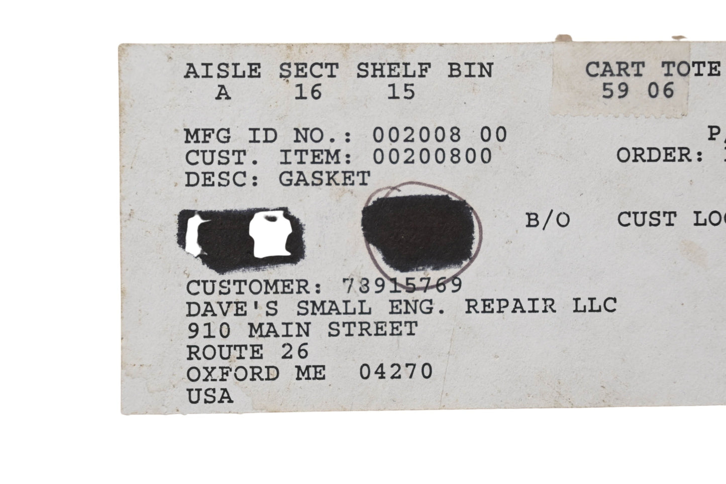 Ariens 00200800 Gasket NOS