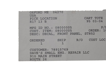 Ariens 08000005 Front Panel Decal NOS