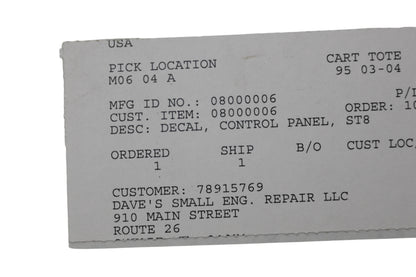 Ariens 08000006 Control Panel Decal NOS