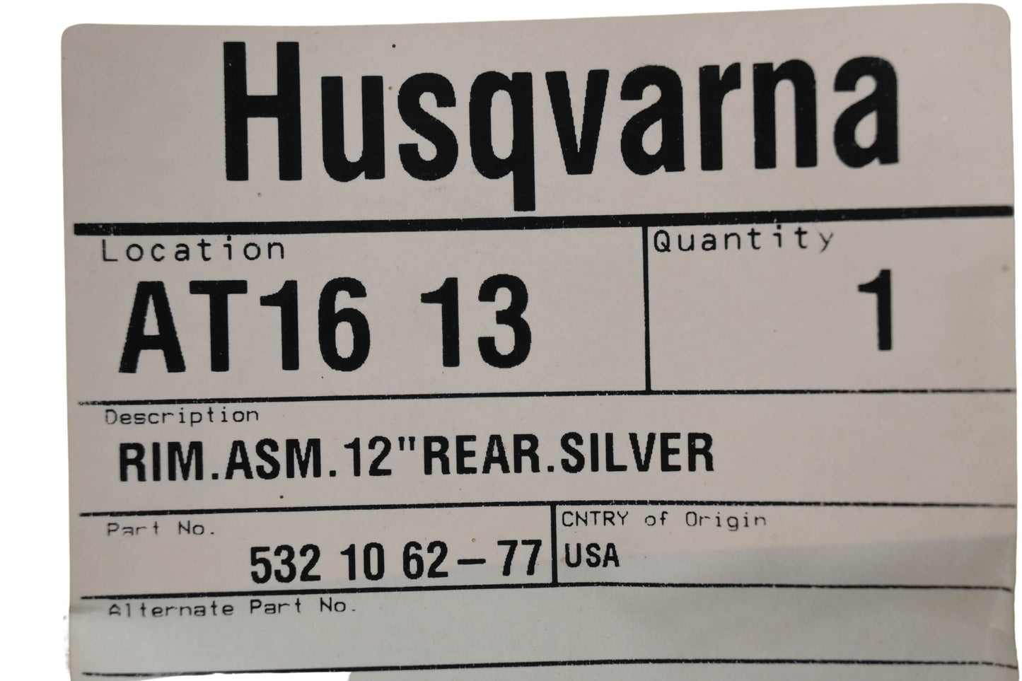 New OEM Husqvarna 532106277, 532 10 62-77 Rear Silver Rim NOS