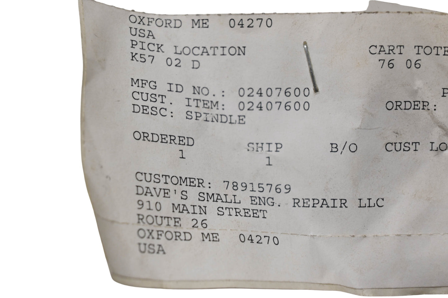 Ariens 02407600 Spindle NOS