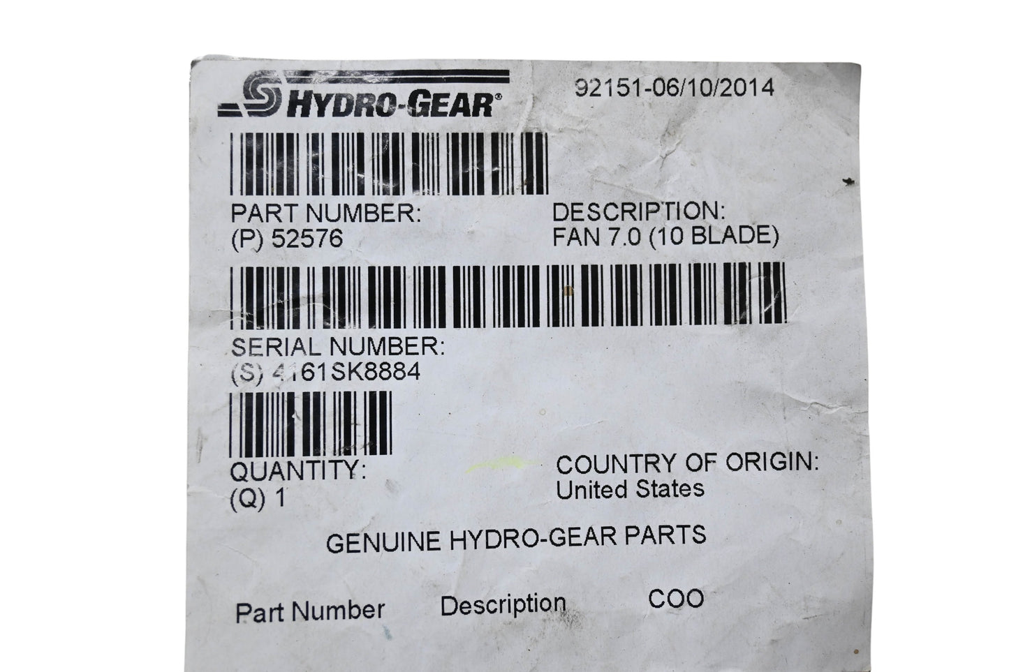 Hydro-Gear 52576, 416SK8884 10-Gear Transmission Fan NOS