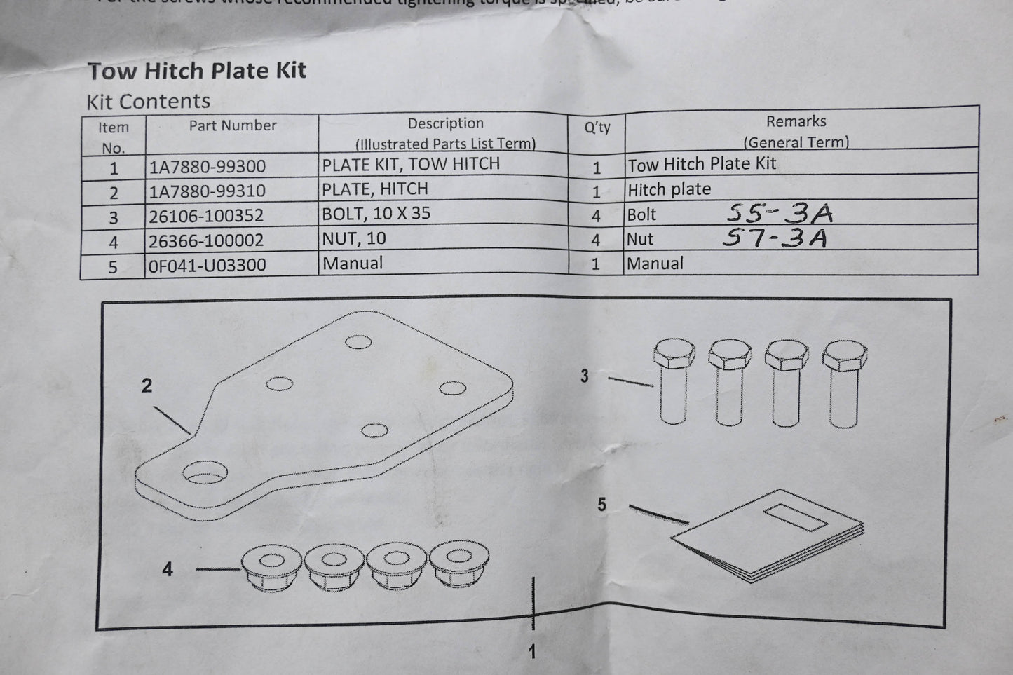 Yanmar 1A7880-99300 Tow Hitch Plate Kit for SC2400/2500 NOS
