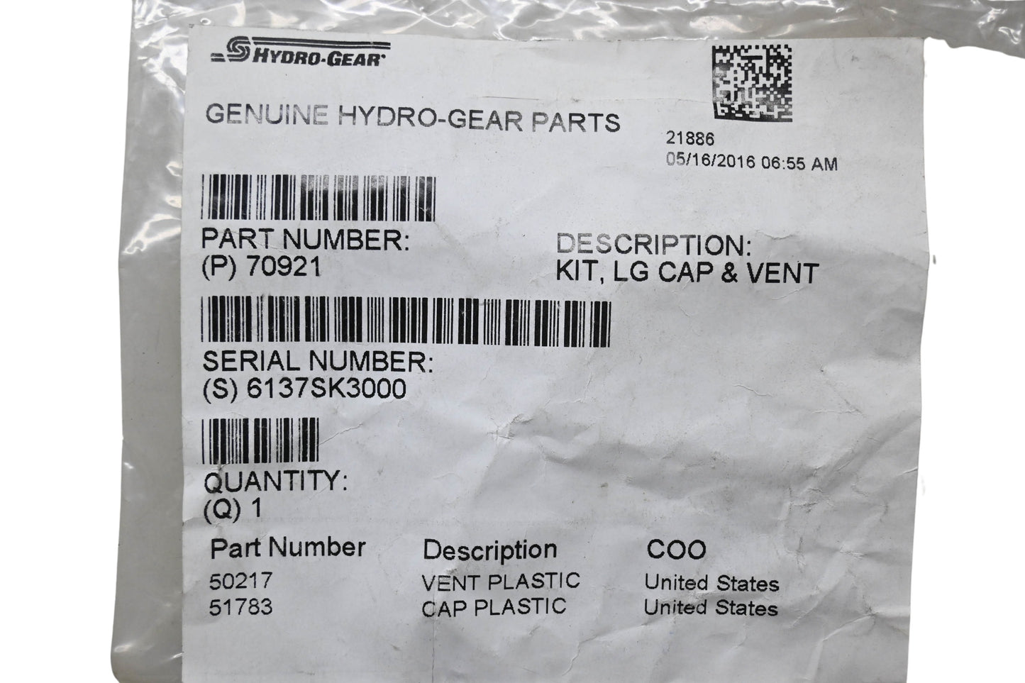 Hydro-Gear 70921 Breather Cap & Vent Kit NOS