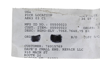 Ariens 05500023 Sleeve Bushing .706x.764x.75 NOS