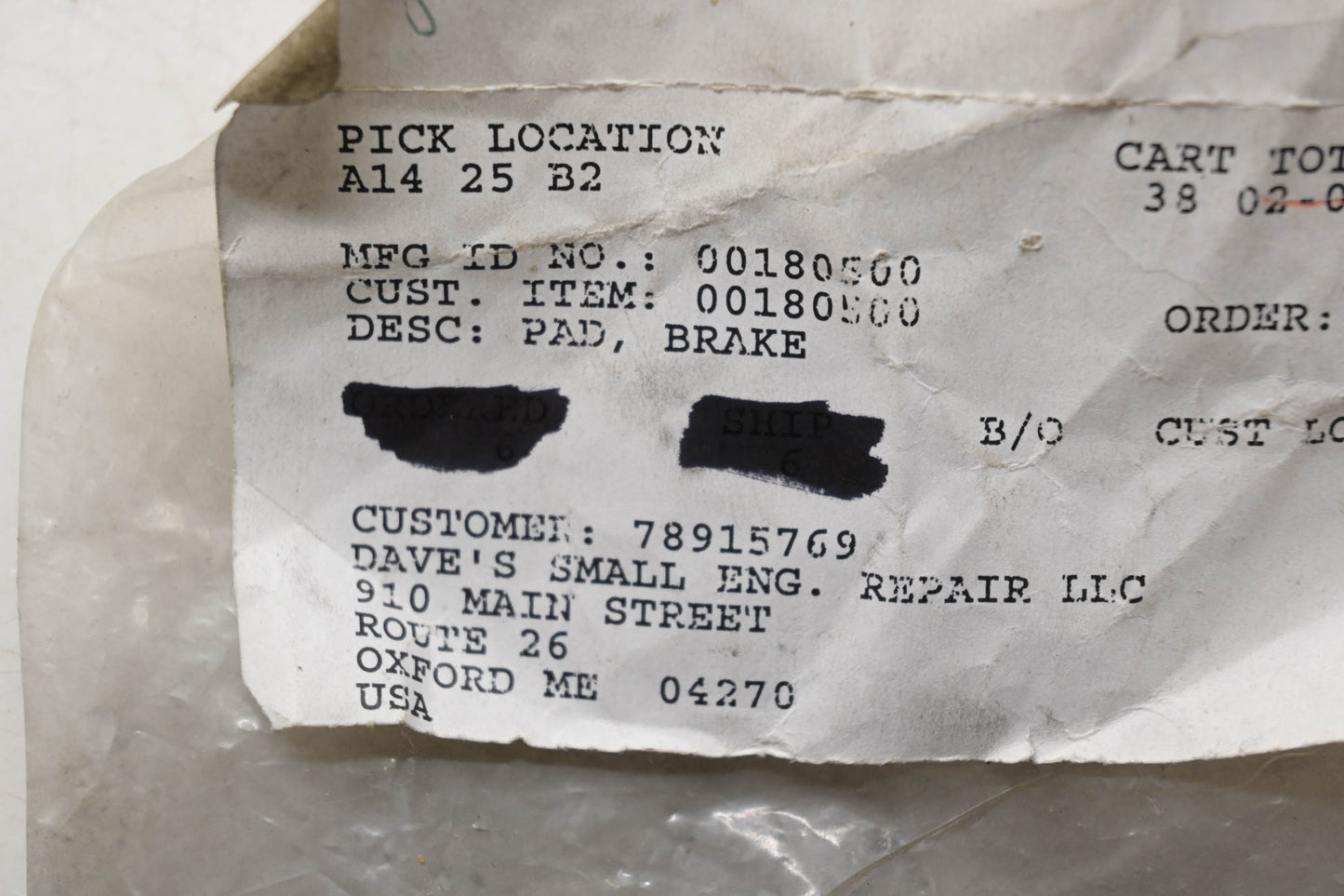 Ariens 00180500 Brake Pad NOS