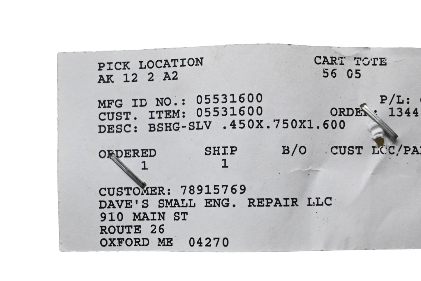 Ariens 05531600 Sleeve Bushing .450x.750x1.600 NOS