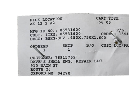 Ariens 05531600 Sleeve Bushing .450x.750x1.600 NOS