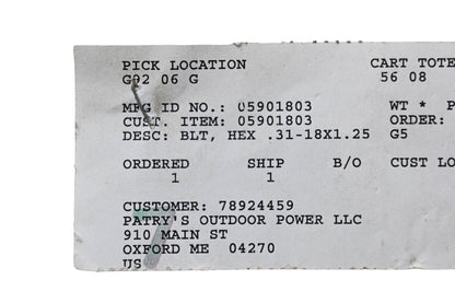 Ariens 05901803 Hex Bolt .31-18x1.25 NOS