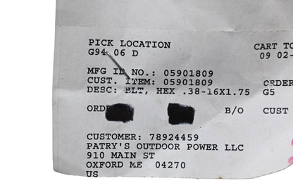 Ariens 05901809 Hex Bolt .38-16x1.75 NOS