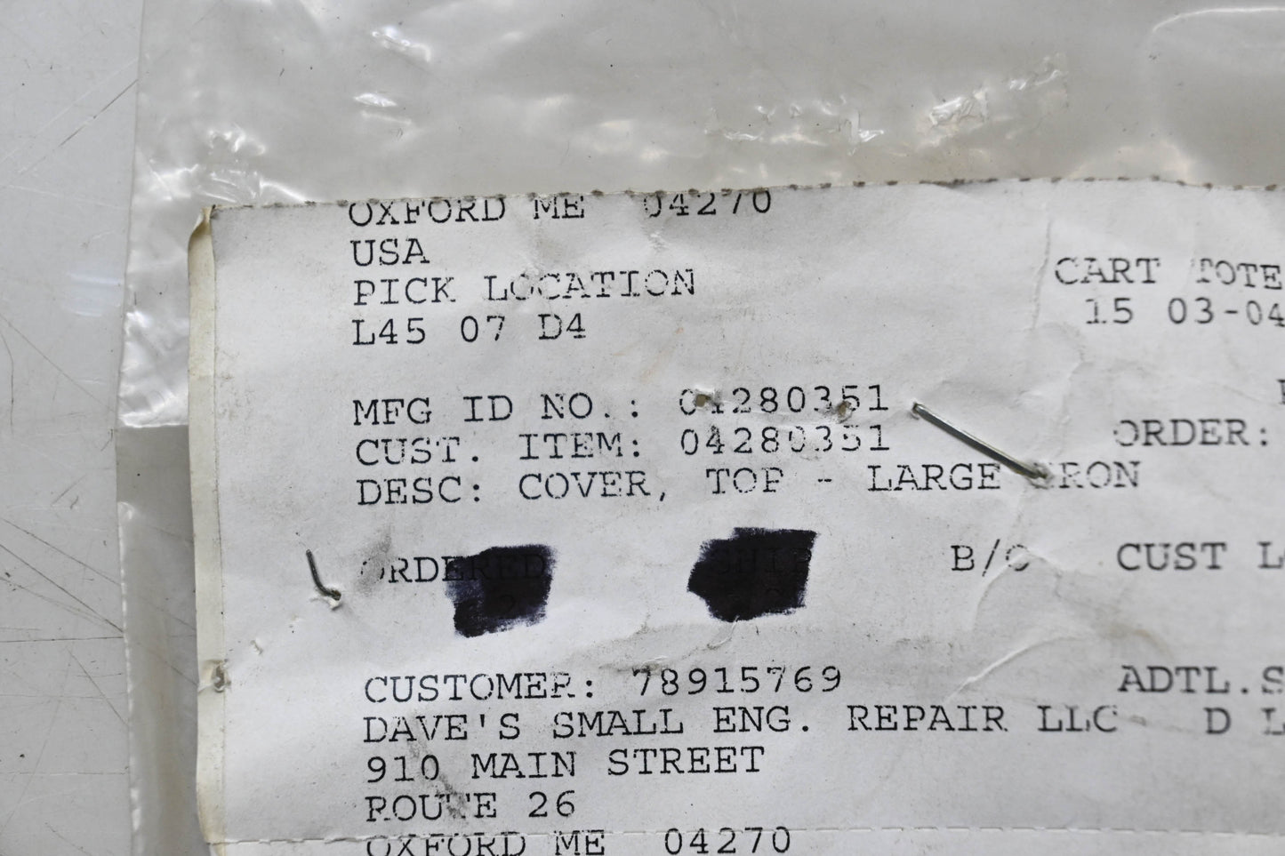 Ariens 04280351 Large Iron Top Cover NOS