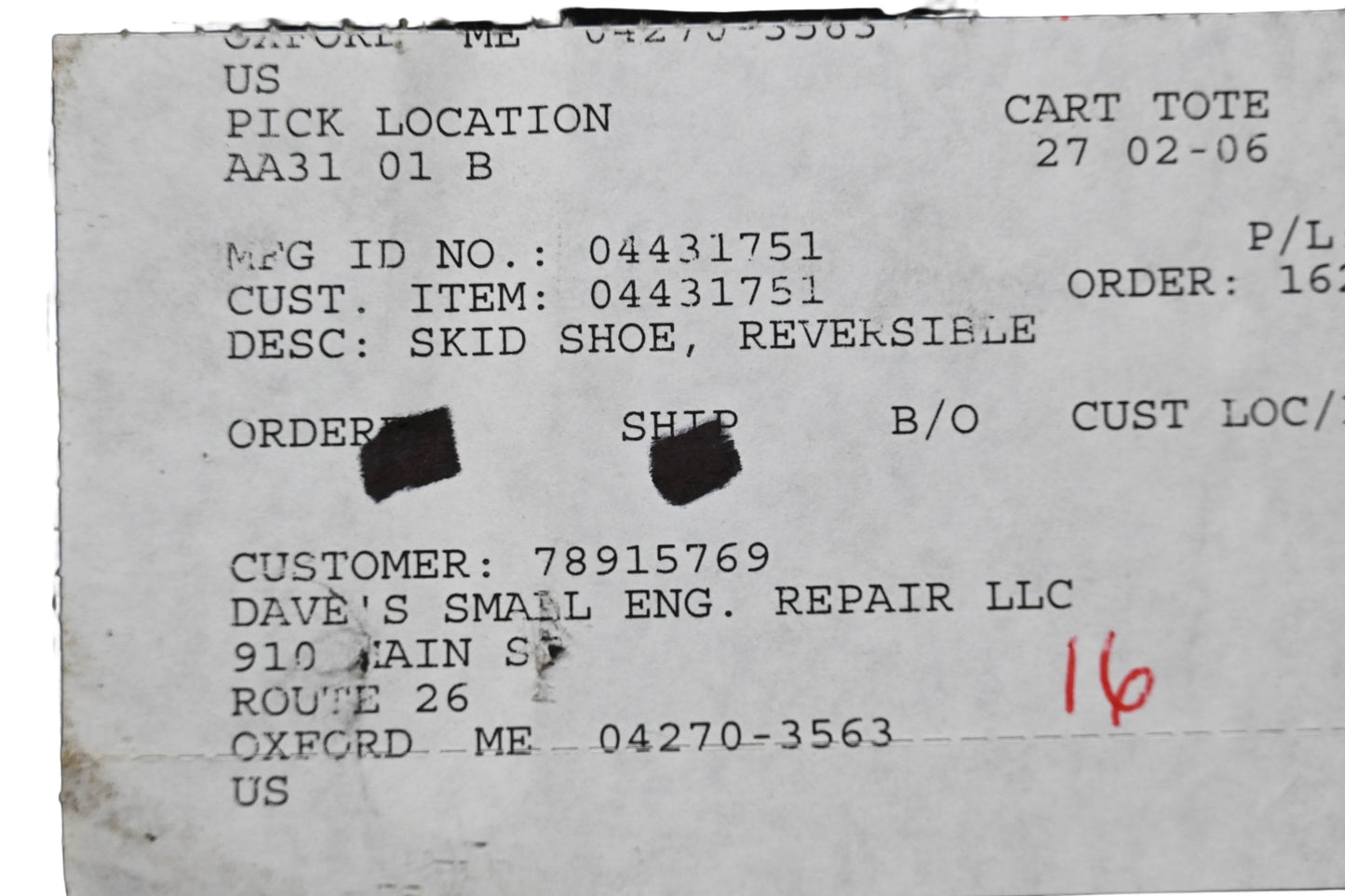 Ariens 04431751 Reversible Skid Shoe NOS