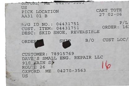 Ariens 04431751 Reversible Skid Shoe NOS