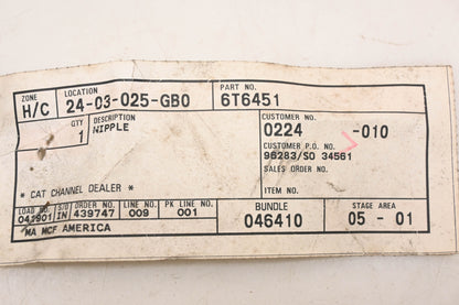 Caterpillar 6T6451, 6T-6451 Nipple NOS