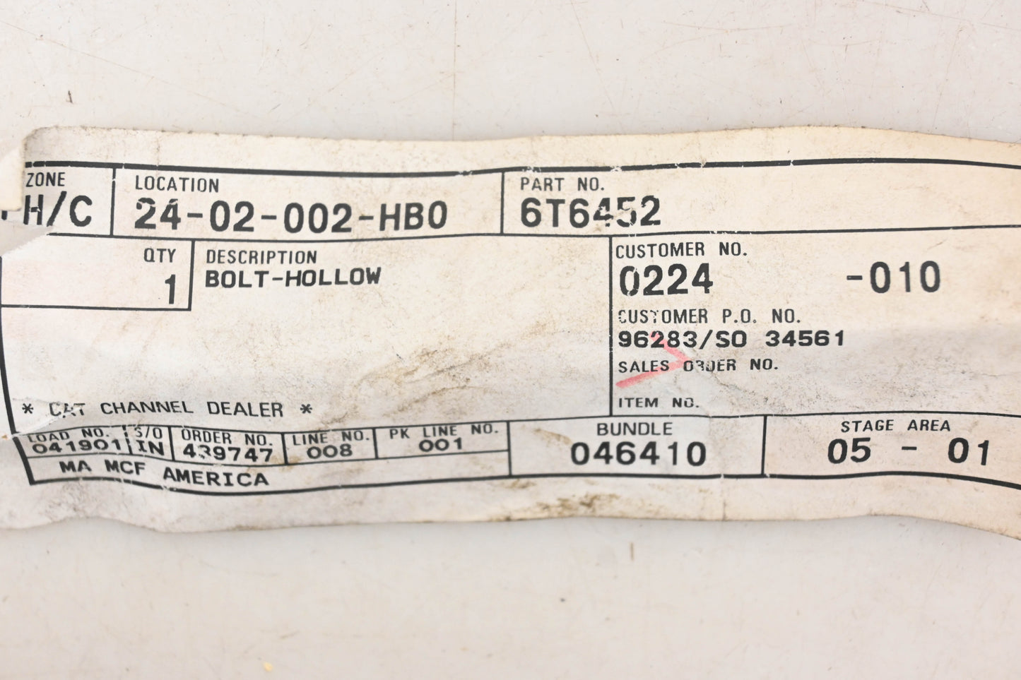 Caterpillar 6T6452, 6T-6452 Hollow Bolt NOS