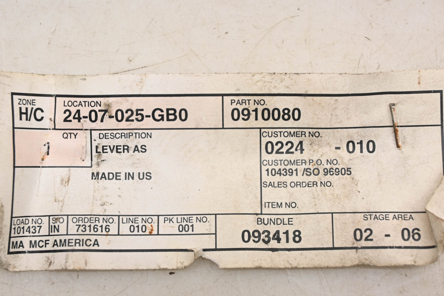 Caterpillar 0910080, 091-0080 Lever Assembly NOS