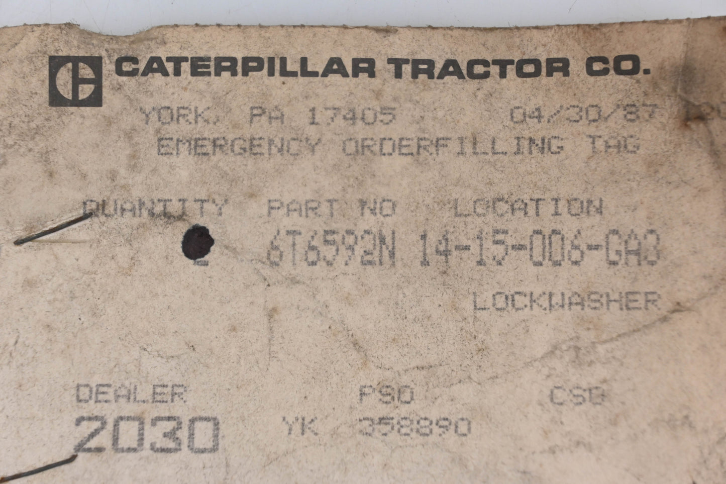 Caterpillar 6T6592, 6T-6592 Lockwasher NOS