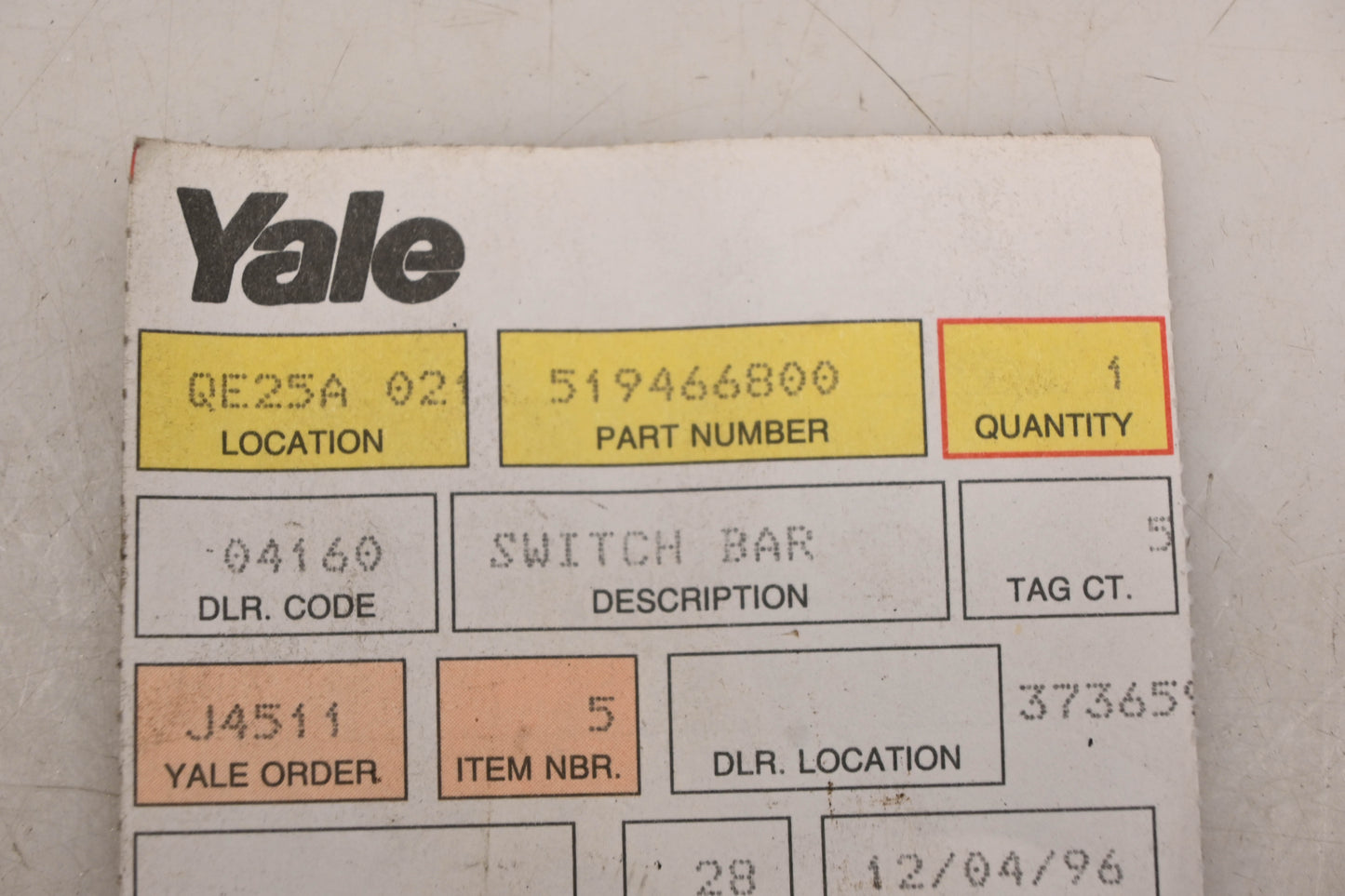 Yale 519466800 Switch Mount Bar NOS