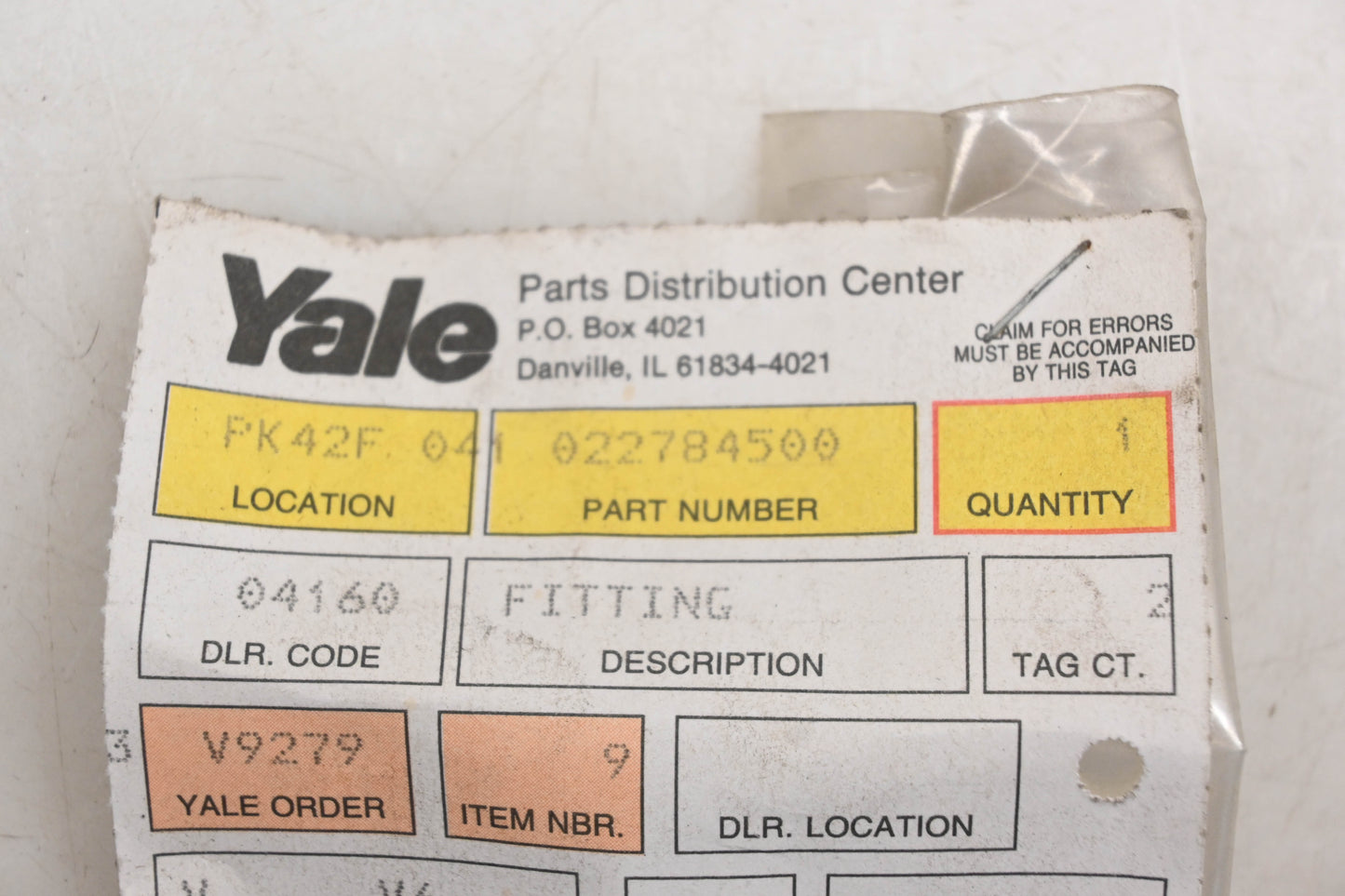 Yale 022784500 Grease Fitting NOS