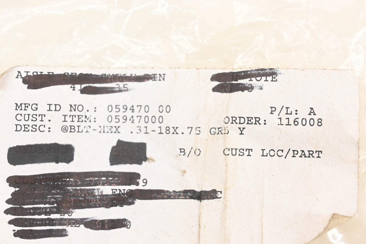 Ariens 05947000 Hex Head Bolt NOS