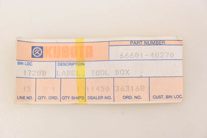 Kubota 66601-48270 Tool Box Label NOS
