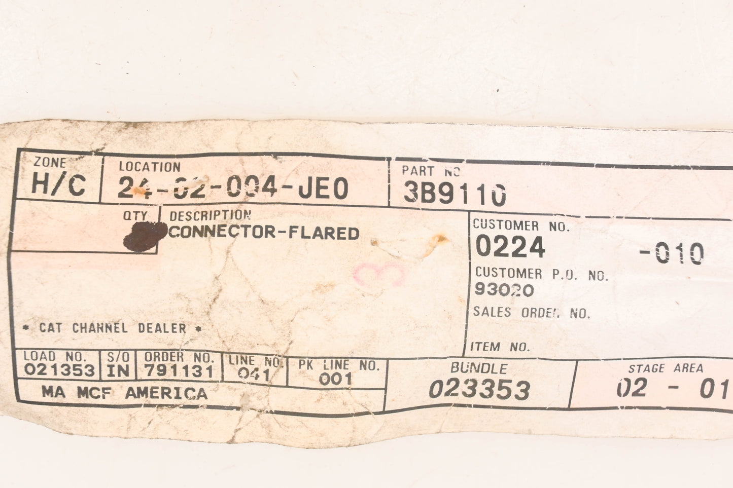 Caterpillar 3B9110, 03B9110, 3B-9110 Flared Connector Fitting NOS