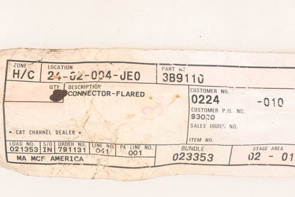 Caterpillar 3B9110, 03B9110, 3B-9110 Flared Connector Fitting NOS