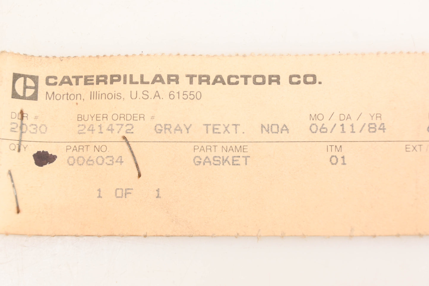 Caterpillar 6034, 006034 Water Pump Gasket NOS