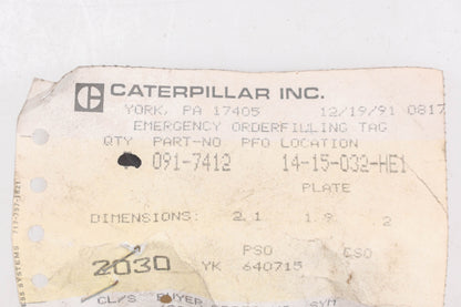 Caterpillar 917412, 091-7412 Plate NOS