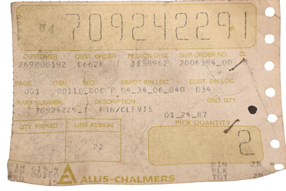 Allis-Chalmers 709242291 Clevis Pins Qty 2 NOS