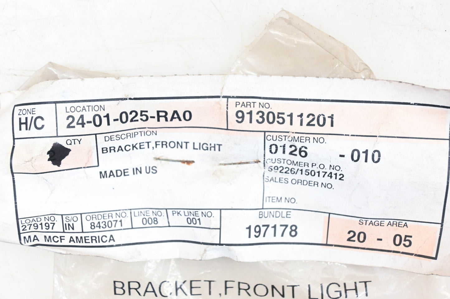 Caterpillar 9130511201, 91305-11201 Front Light Bracket NOS